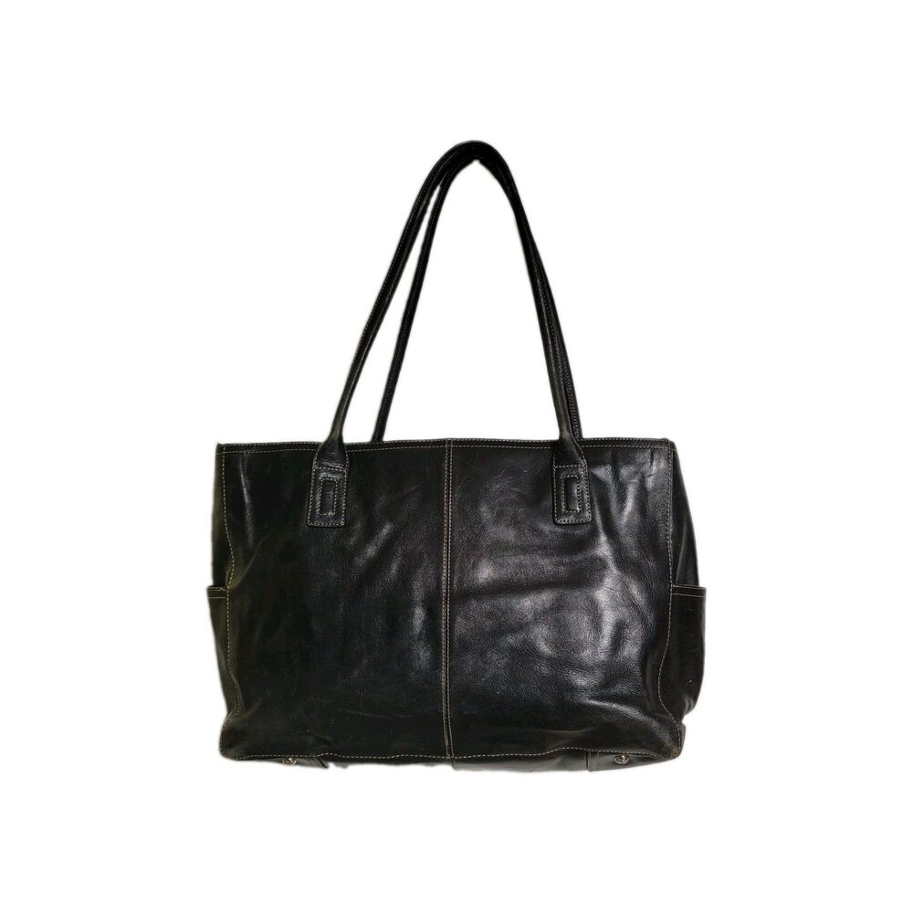 FOSSIL Black Leather Bag Padded Leather Laptop Bag/Work Tote Black Top Handles